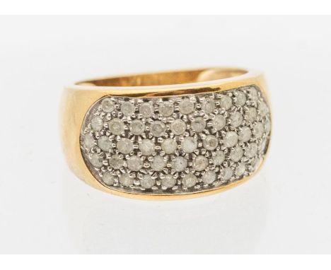 A diamond set 9ct gold ring, comprising a pave set top set with brilliant cut diamonds, width approx 12mm, size Q1/2, unmarke