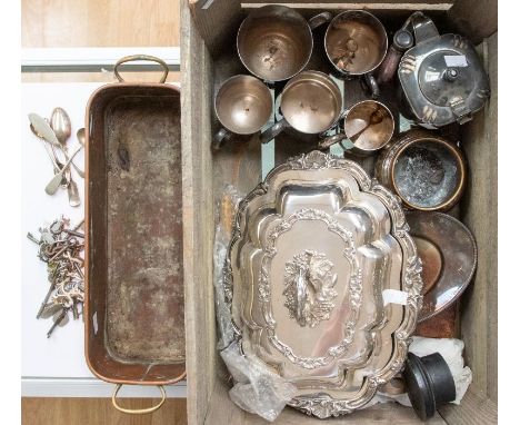 A collection of silver plated and other items to include; an elaborate plated entree dish, long copper twin handled planter, 