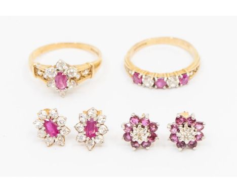 A collection of ruby and 9ct gold jewellery to include a cluster ring set with cz and ruby, size M1/2, along with a half eter