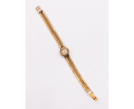 Jaeger-LeCoultre- a ladies 18ct gold wristwatch, comprising a small round champagne signed dial with applied gilt dot and arr