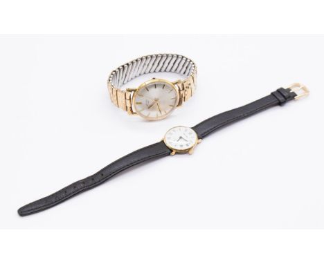 A ladies Mappin & Webb gold plated quartz wristwatch, round white dial, numeral markers, approx 23mm, leather strap along wit