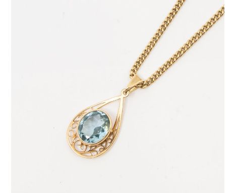 A 9ct gold synthetic spinel set pendant and chain, comprising a faceted oval stone rub over set to a wire work tear shaped su