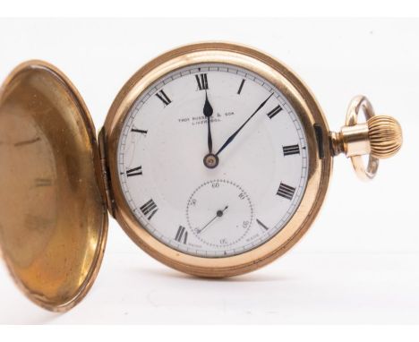 A Thomas Russell & Sons of Liverpool, gold plated Hunter pocket watch, comprising a white enamel dial, (hairlines to dial) nu