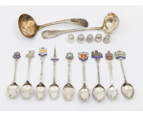 A small collection of silver flatware mainly enamelled souvenir spoons, all hallmarked, various dates and makers to include o