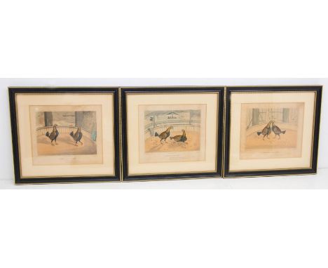 A set of five hand tinted engraved prints depicting Cock Fighting scenes, drawn and engraved by C.R. Stock. All framed.  (5) 