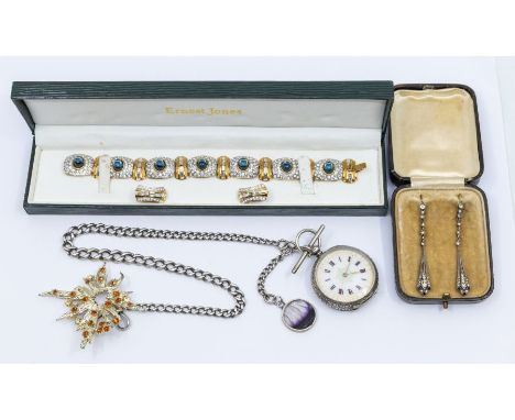 A silver Ladies pocket watch with albert chain with blue john pendant, together with a pair of paste set art deco earrings , 