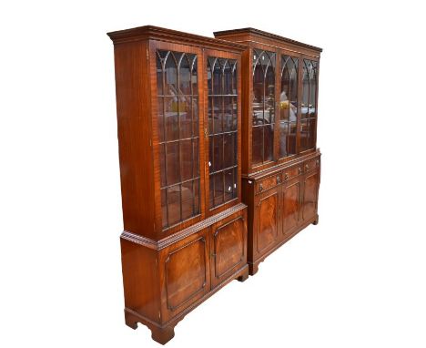 Two reproduction glazed front George III mahogany display/book cabinets: two door and three door drawers, cupboard spaces and