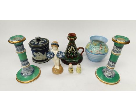 A Shelley chamber stick (has had broken and reattached handle), a Shelley vase, Adams Jasper, tobacco jar, Chinese salt and p