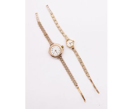 Two 9ct gold wristwatches, including an early 20th century manual wrist watch with round white enamel dial Arabic numbers, ca