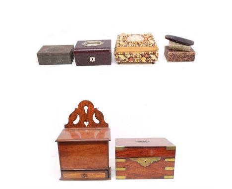A mixed lot to include; a J. Bramah brass and mahogany sewing/vanity box converted to tea caddy, no compartments and missing 