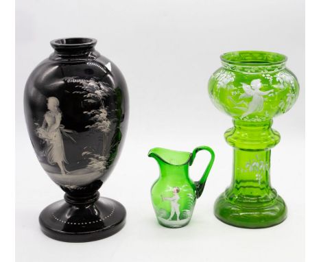 Three items of 19th/20th century enamelled glass, all in the style of Mary Gregory, to include; a tall green vase, small gree