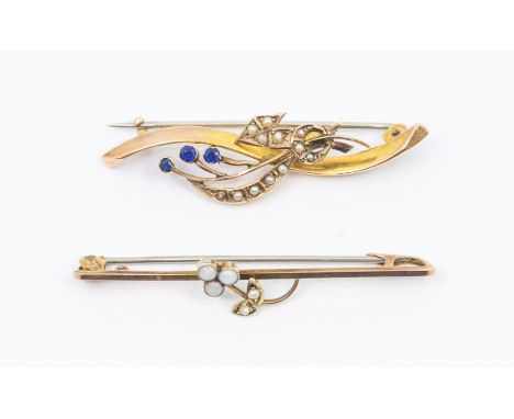 Two early 20th century gold stone set brooches, comprising one with opal and pearl set grape decoration, the other with pearl