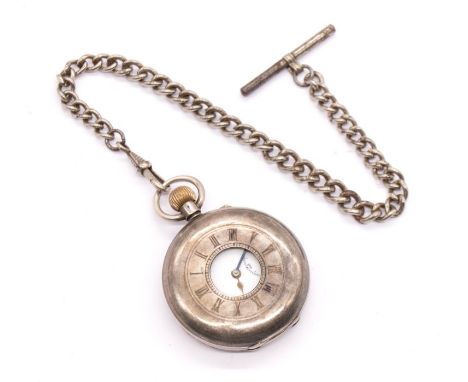 An early 20th century silver 935 half hunter pocket watch, white enamel dial and subsidiary dial, keyless wind, a/f some dent
