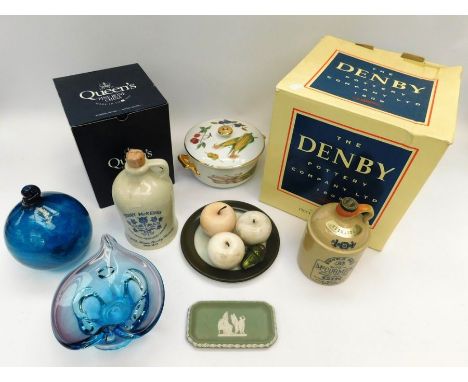 A mixed collection of ceramics and glass to include; a pair of Italian style blue glass hanging baubles, a Royal Worcester wh