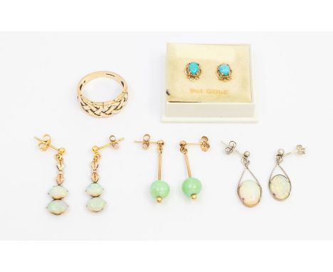 A collection of jewellery to include a pair of opal set gold drop earrings, set with two oval opals to each, length approx 30