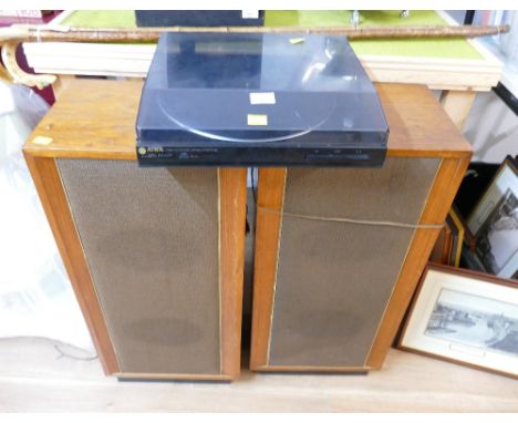 Pair of wooden cased speakers and Aiwa record player