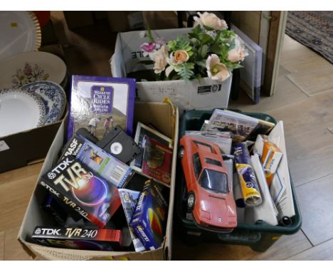 Three boxes of CD's, alarm clock, VHS tapes, ornaments etc