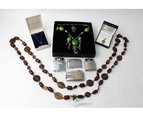 Four vintage lighters, beaded necklaces, silver hallmarked mother of pearl necklace, sterling silver necklace etc