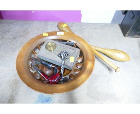 Wooden bowl, Super 7 radio, three vintage pipes, rams head corkscrew and two juggling batons