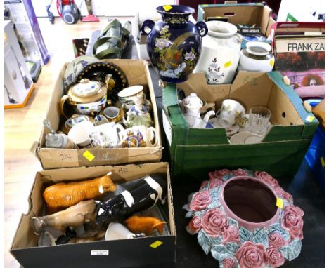 Three boxes of ceramics, Beswick figures (AF), part tea sets, cups and saucers, glassware, ornaments and four large decorativ