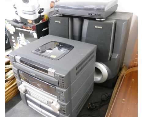 Aiwa stackable stereo system with tape deck, radio tuner, CD player, record turntable and two speakers