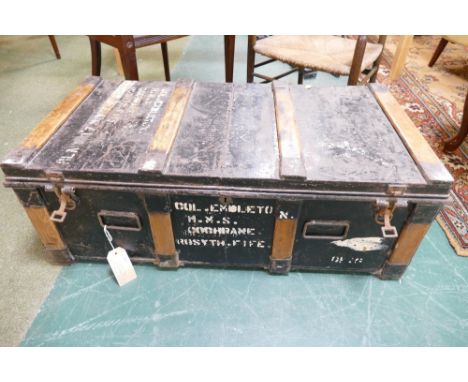Metal military travel trunk with painted label Colonel Embleton, HMS Cochrane, Forsythe, Fife 