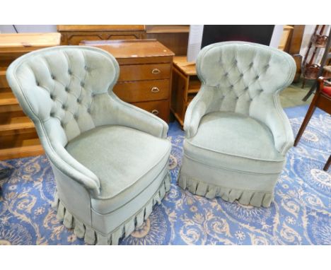 Pair of deep button back green upholstered bedroom chairs, Russkell Upholstery  