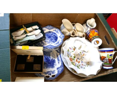 Box of Clarice Cliff Wren mugs, Aynsley Cottage Garden plates, Johnson Brothers Old Britain Castles, coin set, cutlery etc