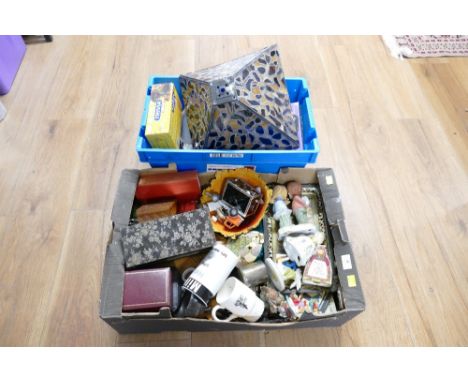 Two boxes of ornaments, wooden boxes, lamp shade etc