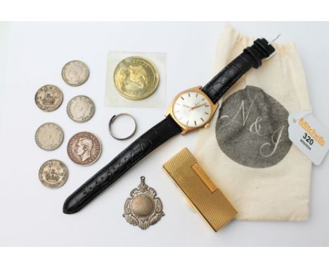 Omega Genevieve gent's wristwatch, Butlins Swimming Gala medal dated 1958, Dunhill lighter, collection of shillings, Jaguar 1