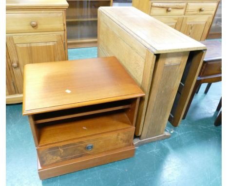 Oak twin drop flap gate leg table and yew effect bedside cupboard or media unit 