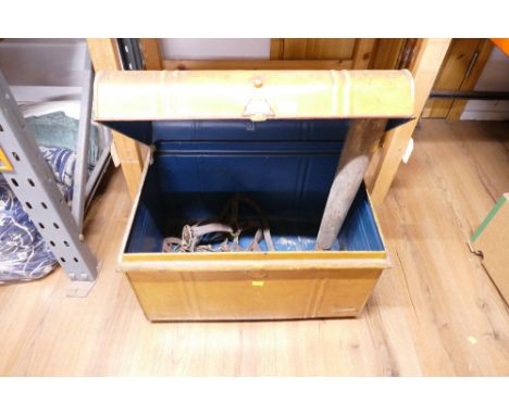 Tin trunk of leather horse bridle and boot last