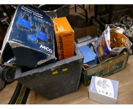 Metal planter, submersible water pump, Black & Decker vertical drill stand, box of light fittings