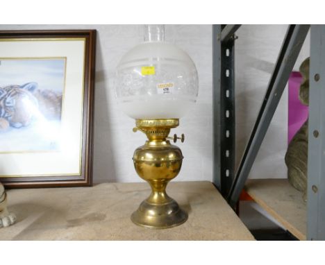 Brass oil lamp with etched glass shade
