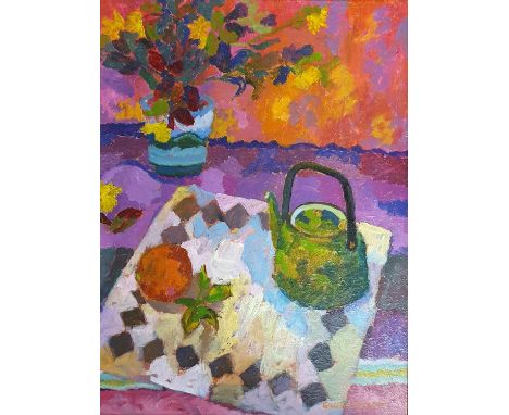 Gillian Sylvester, still life with a teapot, acrylic, signed 60 x 43 cm 