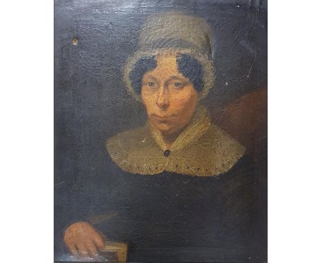 English school, 19th century, portrait of a lady in a lace bonnet, oil on canvas, 59 x 49 cmVarious holes and repairs to the 