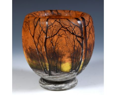 A Daum Freres, Nancy, painted cameo glass vase, decorated woodland scene, signed on base, 12 cm highNo chips, cracks or resto
