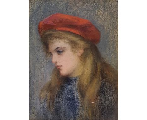 Amata Bouwens, portrait of a young girl wearing a red beret, pastel, monogrammed, 39 x 29 cm 