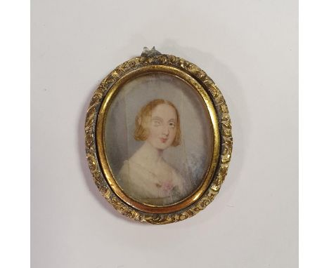 A 19th century portrait miniature, of a young lady in a white dress, in a gilt metal frame,Crack to  portrait, various repair