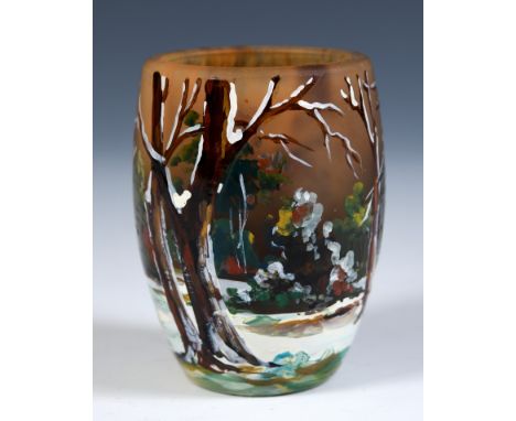 A painted glass vase decorated winter landscape, 6 cm highNo chips, cracks or scratches. Items as described, no provenance, f