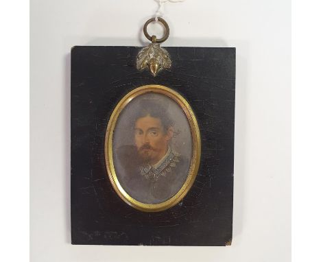 A 19th century portrait miniature, of a man with a moustache, 7 x 5 cm, in an ebonised frameLoose in frame 