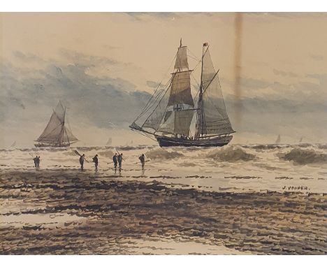 J Cooper, seascape, with a sailing ship, watercolour, signed, 22 x 29 cm, and its pair, a harbour scene, watercolour, 18 x 27