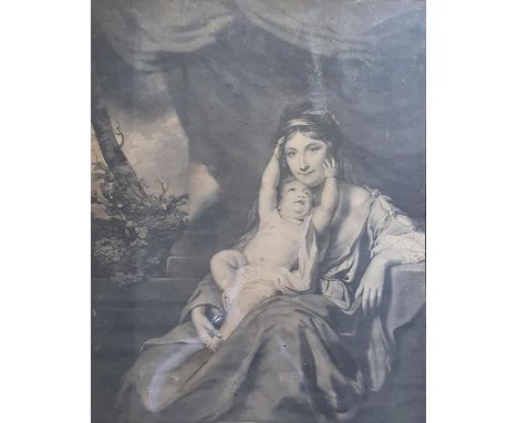 After Joshua Reynolds, portrait of a woman and child, print, 51 x 35 cm, and another print, 50 x 57 cm (2)Very faded and stai