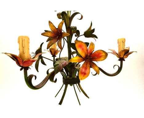 A French three-branch tole flower chandelier, brightly painted and modelled as a bouquet of lilies, 60cm high x 50cm wide, a 