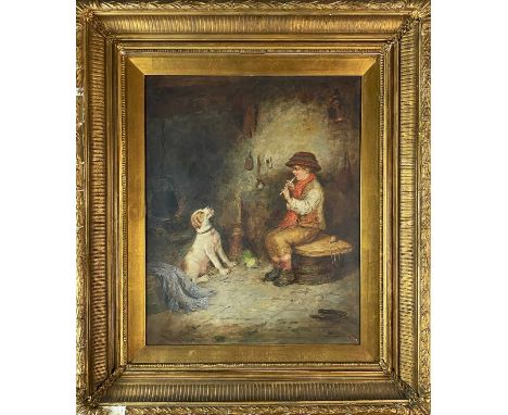 Mark William Langlois (1848-1924) A Boy Playing the Recorder beside the fireplace with his dog, signed lower left, oil on can