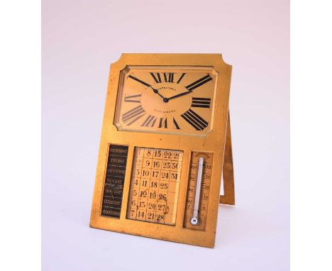 An Art Deco-style gilt metal combination desk clockThe 3.5 inch rectangular dial with black Roman chapter, signed Hunt &amp; 