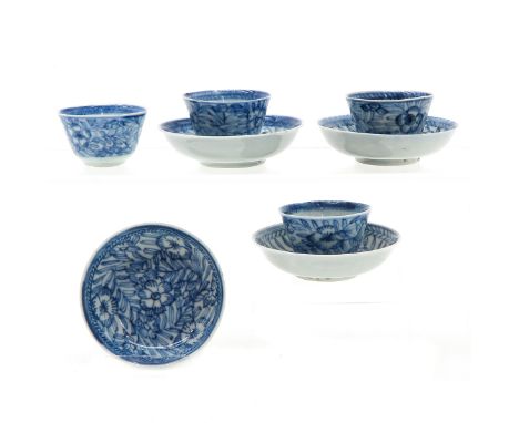 China, blue and white decor, including 4 sets of minitiature cups and minitiature saucers, saucers 7 cm. diameter, chip and h