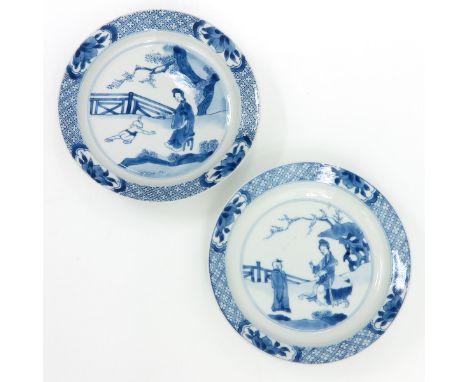 blue and white decor, depicting people, 15 cm. diameter, marked on the bottom with 6 characters and double ring. 