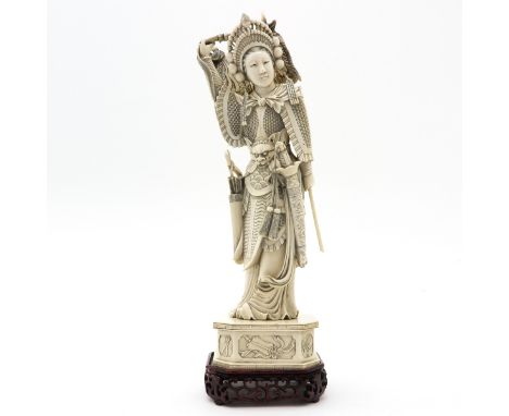 depicting Quanyin, including wooden basement, signed on the bottom, 46 cm. tall, restored, this item may not be shipped outsi
