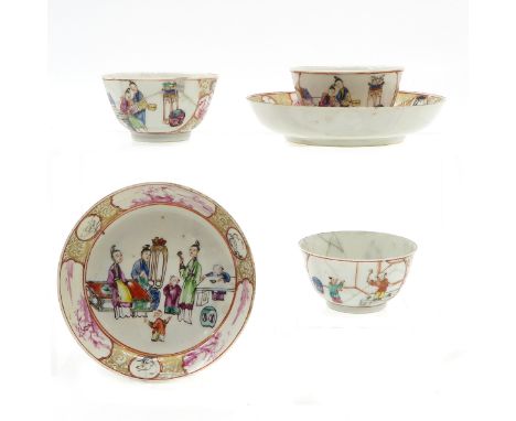 China, polychrome decor, including 3 cups and 2 saucers, saucers 13 cm. diameter, restored.